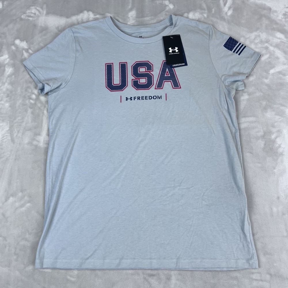 Under Armour Shirt Womens Large Gray/Blue Freedom Tee Patriotic Casual NWT